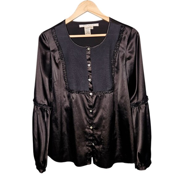 MAX STUDIO Womens Black Satin Blouse L Balloon Sleeves Whimsigoth Witchy Boho - Picture 1 of 7